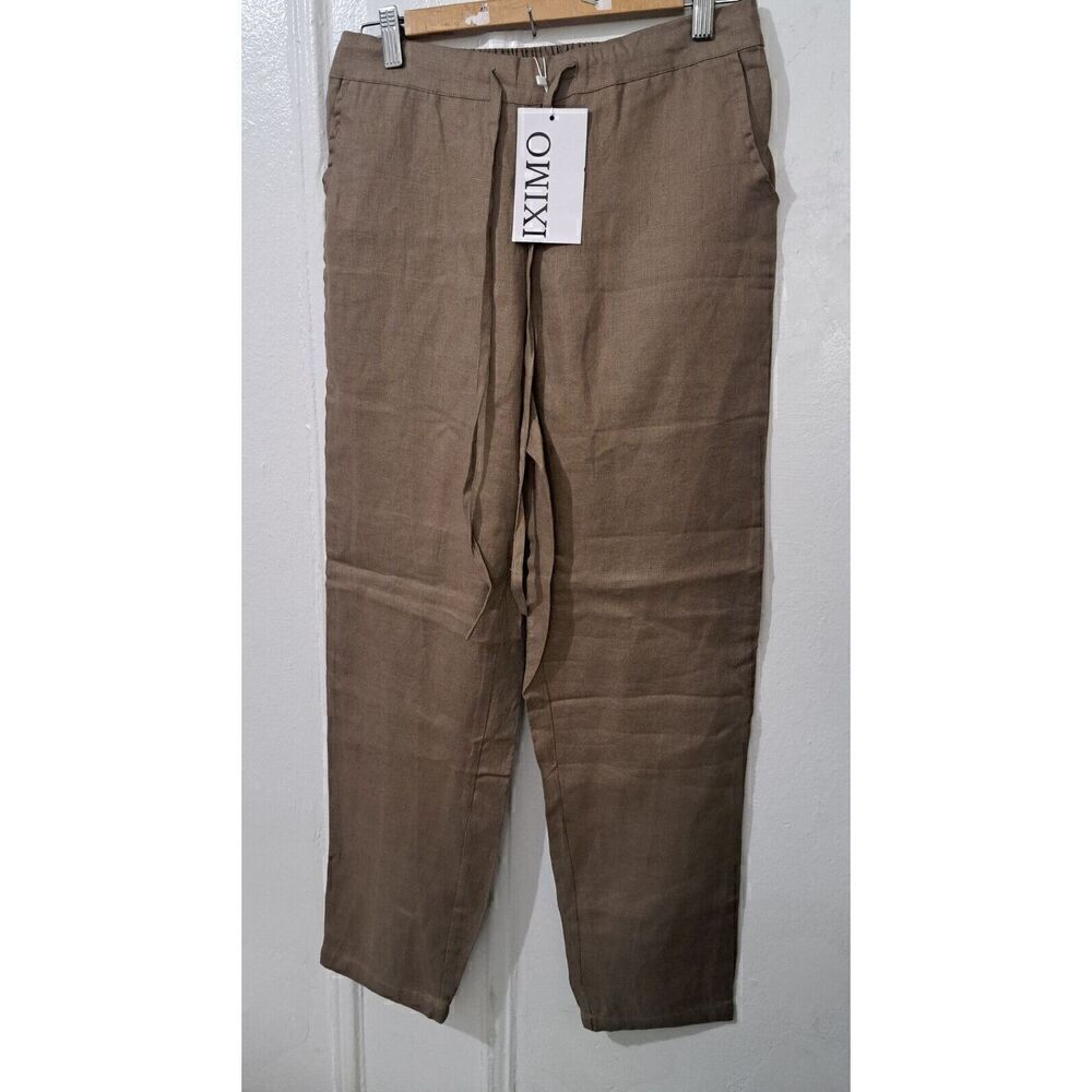 Iximo  Womens Medium TAUPE NEUTRAL 100% Linen Pants Elastic Waist Beach Boho